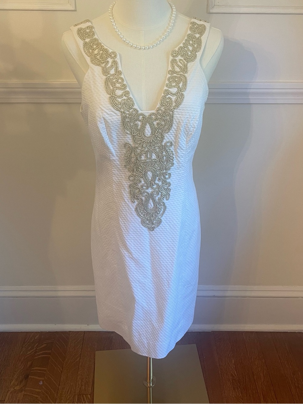 Lilly Pulitzer White Sheath Dress with Gold Embroidered V-Neck
